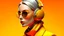 Placeholder: woman in headphones by fashion design studio on a sunny yellow background, in the style of daz3d, dark orange and silver, bold fashion photography, bold contrast, rich hues, optical, vivid shades, timeless beauty --ar 64:35 --upbeta