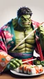 Placeholder: a hulk eating sushi with chopsticks, wearing a colorful kimono, 8k