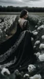 Placeholder: black lace scarf and dirty wedding dress in a field of white roses.cinematic picture