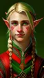 Placeholder: A young elf with blond hair in a single braid, green eyes and a small smile. He is dressed in an artist's costume mixing red and black as the main color.