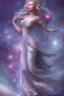 Placeholder: Create an image of a full body cosmic Goddess. The goddess should be depicted as a beautiful and powerful figure, surrounded by cosmic stars. Her hair should be long, blond and flowing, and she should be dressed in a flowing gown blue celestial robe. In the background, include imagery of pink flowers, blue sky,trees. The image should evoke a sense of joy, celebration, and spiritual connection to nature.