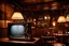 Placeholder: view of a Vintage 1970 television, in a smoky, dimly lit bar in tokyo, dramatic lighting and deep shadows,