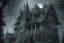 Placeholder: one Wednesday Adams, black and white, tall narrow scary house , pointy roof, cursed trees , dense dark forest, spiders, bats, bones, Escher style