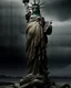 Placeholder: the statue of liberty, dress dirty and torn, her face solemn and terse, trash littered at her feet, she holds a crumpled american flag, she walks away under a dark and dreary sky
