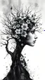 Placeholder: double exposure dry tree with fantasy flowers and profil one fairy face, black and gray watercolor illustration with weet ink, deep dark , surreal, dramatic atmosphere. intricate, stunning textures , mystery. stunning illustration