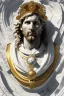 Placeholder: Ultra Realistic image, classical renaissance sculpture, white marble material, Lionel Messi, sun radial crown, chisel style, waist up portrait, epic, celestial, gold, cinematic lighting, God light, god rays, 4k resolution, smooth details, ornate details, soft lighting, unreal engine 5, marble background.