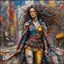 Placeholder: a captivating encaustic and ebru art that portrays a strong, fighter woman confidently navigating the bustling streets of new york city. her wild, brunette flowing hair is adorned with vibrant, colorful rags, and she wears a striking, futuristic outfit composed of rags, trinkets, and a cut-off leather