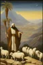 Placeholder: Moses stands on a mountain and holds a crooked wooden staff. Next to HIM ARE SEVERAL SHEEP, at HIS feet are stone tablets on which the ten commandments of God are written, and below is a valley with cities of Palestine where milk and honey flow. sand, palm trees and mountains. There is a silhouette of God in the sky. Everything is painted in oil painting with high-quality drawing of details