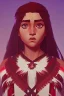 Placeholder: A beautiful portrait of a cute Native American girl, red color scheme, high key lighting, volumetric light high details with white stripes and feathers