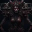 Placeholder: Demonic mechanical creepy aggressive necrophage zombie undead girl with scary red eyes, in a spiky leather and mechanical parts suit with tubes, dark fantasy horror, Filigree, Aesthetically pleasing, Realistic, Professional photo, 4k, hight resolution, higly detailed, 30mm lens, 1/250s, f/2.8, ISO 100