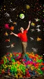 Placeholder: a straw man jumping to touch the moon, surrounded by multicolored paper birds, studio portaiture, john lurie, sony alpha a1, studio portrait