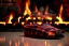 Placeholder: Night time red plaid slippers on black bearskin rug,log cabin walls, stone fireplace