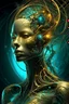 Placeholder: Create a surreal, futuristic portrait of a humanoid woman organic hair figure with a bright, skin surface. The figure’s head and upper body are partially disintegrated, revealing intricate, glowing, organic structures beneath the surface. The inner structures are illuminated with teal and golden hues, resembling bioluminescent veins or energy cores. The figure is in a contemplative pose, with one hand gently touching its chin. The background is minimal and abstract, allowing the focus to remain