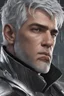 Placeholder: close up headshot portrait of a man in his 20's, silver hair, gray eyes, athletic build, perfect face, confident, protective-looking, Wadim Kashin, James Gurney, amazing beauty, splash art background, wears silver and black clothes, anime style, 8k resolution, high definition, intricate design,