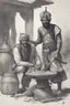 Placeholder: A Indian blacksmith seat on ground and work something with a Indian king standing in front of him and a bag of sandalwood on one side, the king pointing towards the Bag.