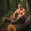 Placeholder: close up photography of an angry 55 years old seated on a tree trunk in the wood, strong chubby muscular , big shoulders, manly chest, bulging hunter camouflage trouser , shirtless, hairy , golden hour, tatoo, 35mm lens, f/1.8, accent lighting, global illumination, frontal view from the ground