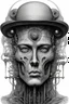 Placeholder: The face of a man with a hat a thin line draw ، front view camera, decayed and rotting with grotesque proportions and imagery. surreal horror, biomechanical design, by hr giger and beksinski , fine lines draw