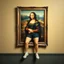 Placeholder: A painting of Mona Lisa on the wall, the frame with shorts and Crocs attached to her human legs
