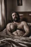 Placeholder: full figure photography, 35mm lens, ugly burly gypsy man similar to bud spencer 41 years old lying over the sheets over a bed, with hands behind the head, hairy armpits, manly armpits, ugly and dirty, manly chest, hairy chest, muscular chubby, manly chest, shirtless, with ripped boxer, sad eyes, photorealistic , dim side light, ambient occlusion, in the dark