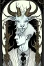 Placeholder: Emo, albino, teen, goat horned, satyr, alchemist, with goat horns on his head, in the style of Harry Clarke