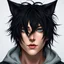 Placeholder: An androgynous man with messy black hair, black cat ears on his head, blue eyes.