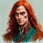 Placeholder: dnd, fantasy, watercolour, stylistic, portrait, illustration, dull colours, male, face, narrow long face, weathered face, green eyes, determined, happy, red hair, very long hair streaming down the shoulders, radiating light, five o'clock shadow