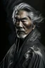 Placeholder: a photo of an Asian man with ethnic jewelry, grey hair and grey flowing robe, in style of Annie Leibovitz, contemporary portrait of a mature yet beautiful and modernist man, black and grey, detailed masculine face, swirling fluid smokey enigma, award-winning artwork