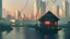 Placeholder: small Wooden Cabin, In cyberpunk city-skyline,