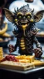 Placeholder: full body portrait of a banana werewolf gremlin star eating cheese doodles and the blood of fish on a viking ship, in the style of Giger,bokeh like f/0.8, tilt-shift lens 8k, high detail, smooth render, down-light, unreal engine, prize winning