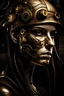 Placeholder: Woman face in background, Steampunk, graffiti, 2D, symbolic, symbols, full page , dual tone, battle damage , rust, old , iron tube, Iron sheets , Tube , pipeline , wire , dark, iron, gold,