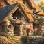 Placeholder: captivating cinematic painting masterfully blending traditional illustration, 3D rendering, and wildlife photography, depicts a picturesque old stone farmhouse with a thatched roof. The harmonious blend of artistic styles creates an atmosphere of serene tranquility, warmth, nostalgia, and timeless beauty. In the cozy home on the roof, three adorable baby swallows rest in their nest, watched over by a swift adult swallow soaring around them. Vibrant hollyhocks cascade along the walls, and hay in