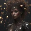 Placeholder: PAPERCUT 3d photo realistic portrait of young woman, dark fantasy, beautiful, dark eyes, dark make up, shiny streaks of paint, paint blobs and smears, shiny baubles, textured, ornate, shiny molten metalics, wild hair, high definition, octane render, 64k, 3d