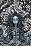 Placeholder: A painting depicting a surreal ghostly woman with ghostly white skin in Tim Burton style, high details, surrounded by various strange mystic trees. Her eyes are close open, and her is long messy dark hair. she holding a black heart, adding a unique surreal and sinister style to the artwork, etheral, weird plants, otherworldly, dark mood