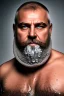 Placeholder: close up photography, dirty burly russian ugly strong chubby 56 years old man, bullneck, milk falling from above, splashing and dripping milk in the face, milk dripping on the beard, with dirty tank top, tattoo, serious eyes, manly chest, 35mm lens, natural light