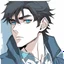 Placeholder: A headshot of a confident handsome man with messy black hair and blue eyes, wearing casual, modern attire, colored manga style, intricately detailed,