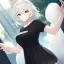 Placeholder: Clear focus, High resolution, light grey short hair, dark green eyes, wearing a black t-shirt and black skirt, fluffy hair, detailed outfit, really fluffy hair