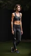 Placeholder: photography of a beautiful anorexic woman, anthracite satin triathlon top, sports illustrated, brunette short wavy bob haircut, pronounced sternum, flat chest, anthracite short leggins