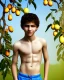 Placeholder: beautiful 12 year old arabic boy with long, curly hair and light blue eyes, smiling, shirtless, in front of a distant mango tree