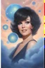 Placeholder: 3D Bubbles, Floating hearts with an electrical current, fog, clouds, somber, ghostly mountain peaks, a flowing river of volcanic Lava, fireflies, a close-up, facial portrait of a totally gorgeous Marie Osmond with short, buzz-cut, pixie-cut Black hair tapered on the sides, wide open, cobalt blue eyes, smiling a big bright happy smile, wearing a hoodie over a red bikini, in the art style of Boris Vallejo