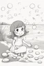 Placeholder: A little girl playing by the seashore, surrounded by oval-shaped seashells and bubbles. Use ovals for the seashells, bubbles, and the sun setting over the ocean.,very happy , Colloring page for todlliers ; basic hawali style cartoon , black and white , ink outlines , , smooth , anime style , minimalist , cute eyes , full body , white shose , sketchbook , realistic sketch , free lines , on paper , character sheet , clean line art high detailed