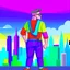 Placeholder: old school cartoon style character gay man wearing pride flag clothing nice background city view