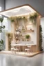 Placeholder: Corner exhibition stand in light colors with wood elements and floristry with two meeting areas