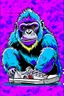 Placeholder: a profile picture of a small gorilla sitting in a purple Converse sneaker, like it's a car, comic style