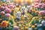 Placeholder: top view of a miniature flower farm scene with cute chibi anime gardener cats tending to the flower fields S<AI in sunshine, photorealistic, 3D, ethereal, cinematic postprocessing, bokeh, dof