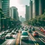 Placeholder: traffic jam in beautiful city with tall buildings