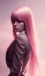 Placeholder: girl, cute, beautiful, pink hair, brown eyes, long hair, bangs, knife in hand, blood on face, by Greg Rutkowski, big boobs, blazer, yandere