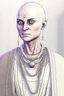 Placeholder: full length, gangly, 22-year old, shaved head, nordic looking grey-eyed female human cleric with a beaded necklace