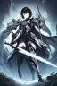 Placeholder: Anime girl with short black hair and sharp green eyes holding a menacing spear, black and white metal armour, full body shot, Dark lighting