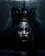 Placeholder: queen of darkness drowning in bottom sea with a crown and many jewels in water, queen with her back, hair hiding face