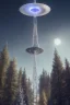 Placeholder: a group of school kids see a saucer shaped ufo::25 flying over tall pine trees, near a high voltage powerline with (three lights underneath) the year is 1966 in color, concept art, by Asaf Hanuka, by Weta Digital, Electric Colors, Screen Space Global Illumination, in a symbolic and meaningful style